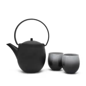 image of Bredemeijer Gift Set With Sendai Design Teapot 1.1L In Black Cast Iron With 2 Porcelain Mugs - Black & Grey