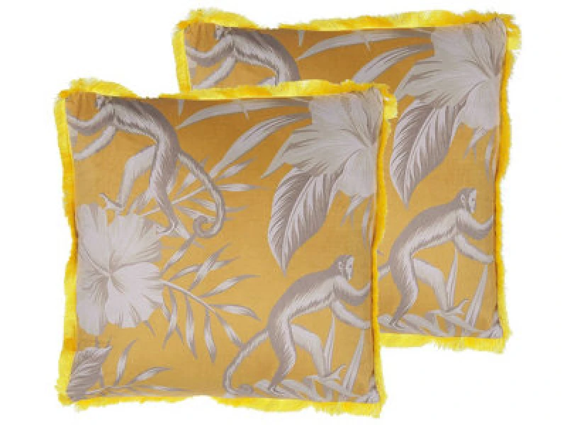 Image of Beliani Set Of 2 Decorative Cushions Manju Velvet 45 X 45cm Yellow Animal Pattern