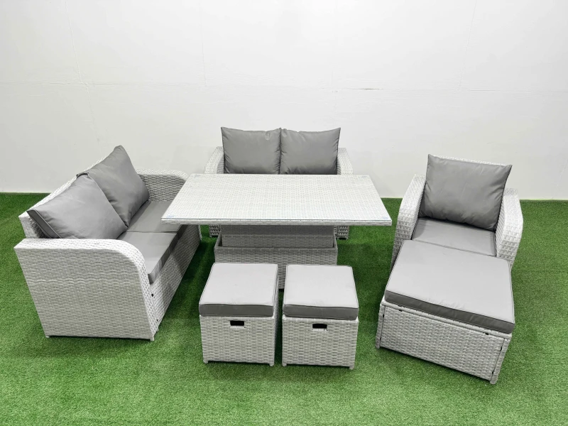 Image of Fimous High Back Poly Rattan Garden Furniture Set with Adjustable Lifting Dining or Coffee Table Indoor Outdoor Patio Set 3 Stools