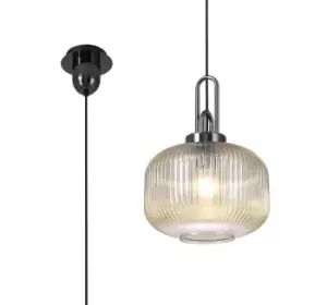 Image of 1 Light Pendant E27 With 30cm Pumpkin Shaped Ribbed Glass, Champagne Black Chrome, Matt Black