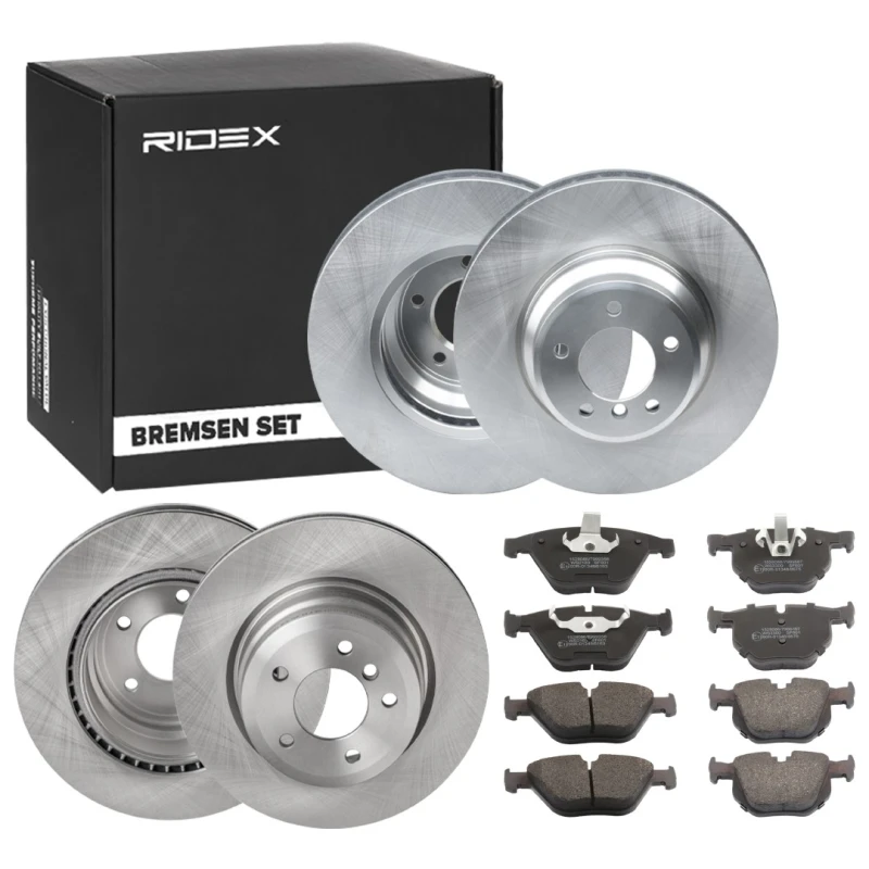 Image of RIDEX 3405B1749 Brake disc and pads set Rear Axle, Brake Disc Type: internally vented, prepared for wear warning indicator, with piston clip Brake Se