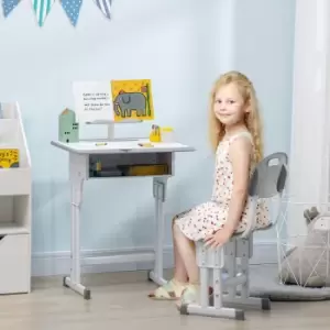 image of Kids Desk and Chair Set w/ Drawer, Book Stand, Cup Holder and Pen Slot, Grey