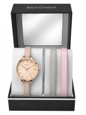 image of Sekonda Ladies Rose Gold Plated Matte Rose Dial Leather Strap...