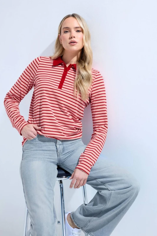 Image of Long Tall Sally Womens Tall Stripe Polo T-Shirt in Pink Size: 18 Pink Female 18