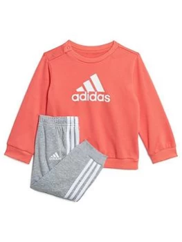 Image of Boys, adidas Infants Badge Of Sport Crew & Pant Set, Pink/Grey, Size 9-12 Months