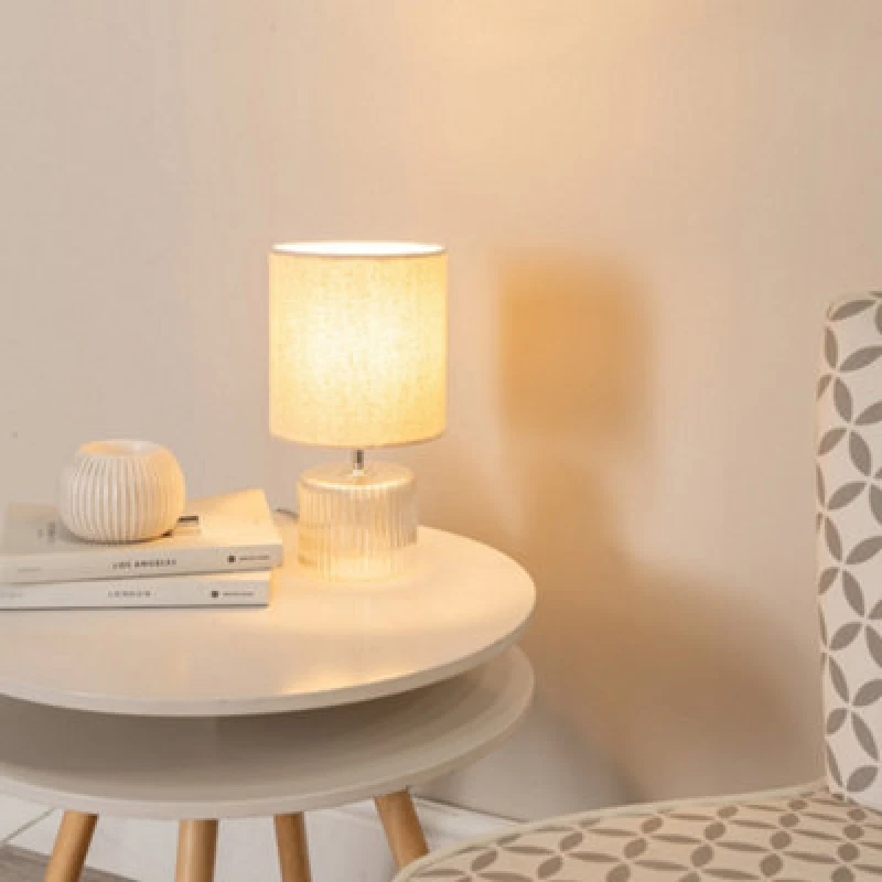 Image of ValueLights Betty Pair of Glass Table Lamsp with Fabric Lamp Shades and LED Bulbs Natural