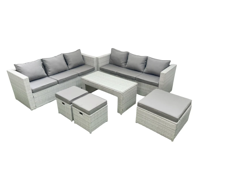 Image of Fimous 9 Seater Garden Outdoor Rattan Furniture Set Rattan Garden Sofa Oblong Coffee Table with 3 Footstools Light Grey Mixed Light Grey