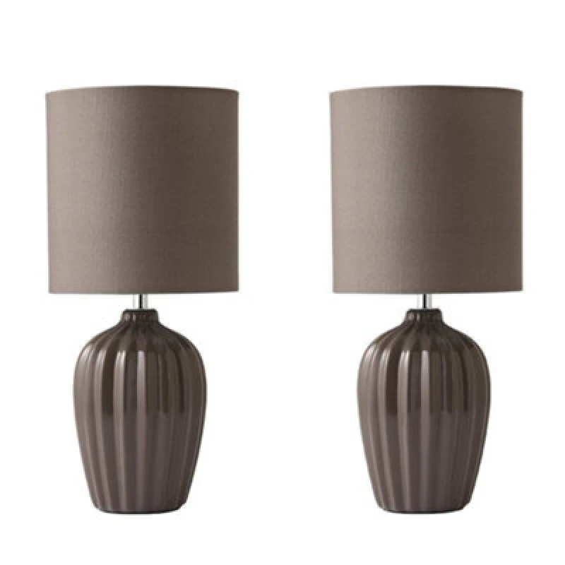 Image of Valuelights Carbone Pair Of Grey Fluted Ceramic Bedside Table Lamps With A Fabric Lampshade And Bulbs