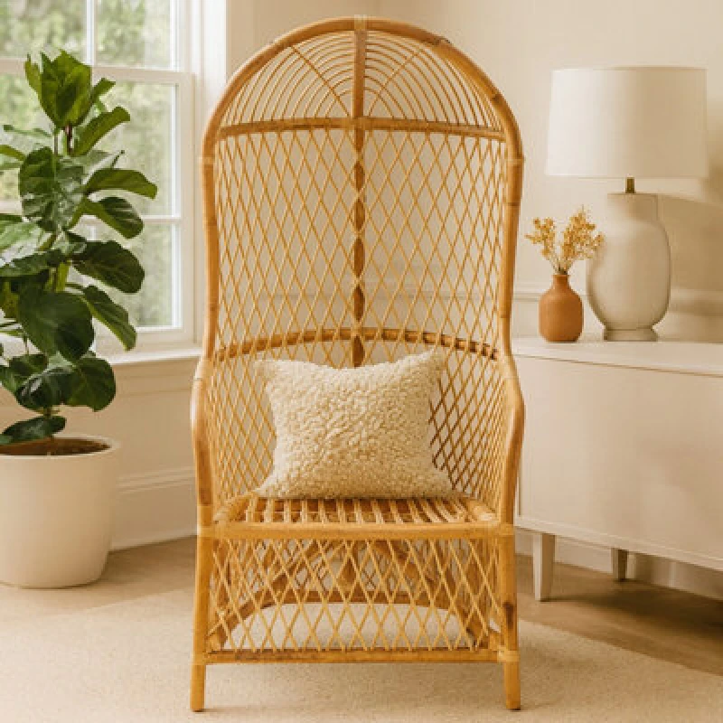 Image of Orsina Brown Natural Rattan Canopy High Back Chair, Rattan Arm Chair With Sun Shade, Hand-Woven Rattan Patio Chair