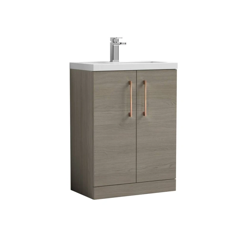 Image of Balterley Level Compact Bathroom Cloakroom Vanity Basin Unit With Ceramic Basin, Brushed Bronze Handles, 600mm, Mid Oak