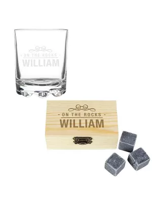 image of Personalised On The Rocks Whiskey Stones And Glass Set