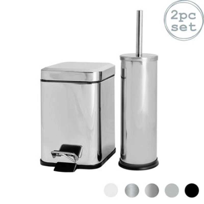 Image of Harbour Housewares Bathroom Bin & Toilet Brush Set - 3L - Chrome - Mismatched Stainless Steel Slim Trashcan Rubbish Bin & Brush