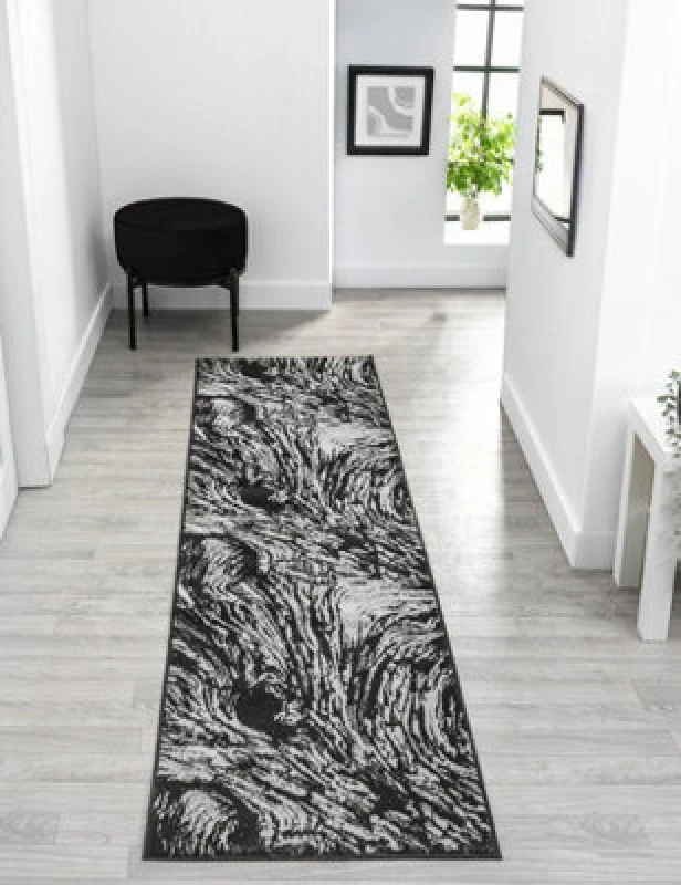 Image of Obsidian Modern Low Pile Area Rug - Whirlpool Design Grey 60Cm X 220Cm