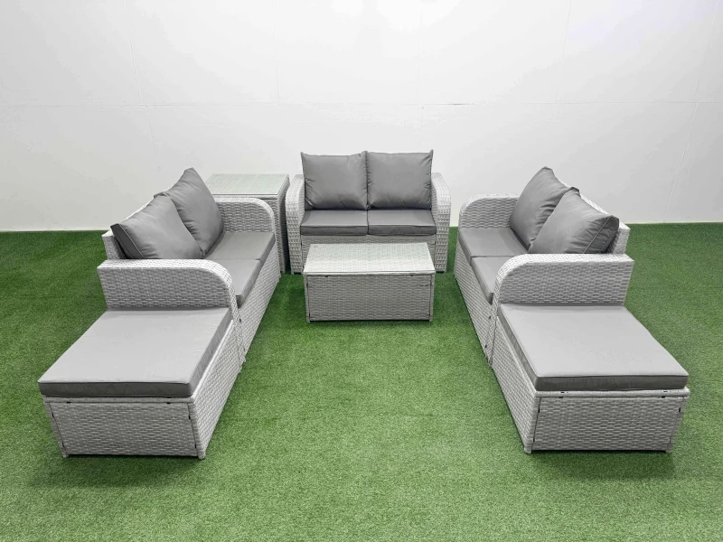Image of Fimous 8 Seater PE Wicker Rattan Furniture Sofa Sets with Rectangular Coffee Table 2 Seater Love Sofa 2 Big Footstool Side Table Light Grey Light Grey