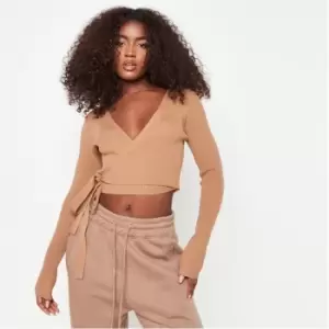 image of Missguided Rib Wrap Front Knit Crop Top - Brown