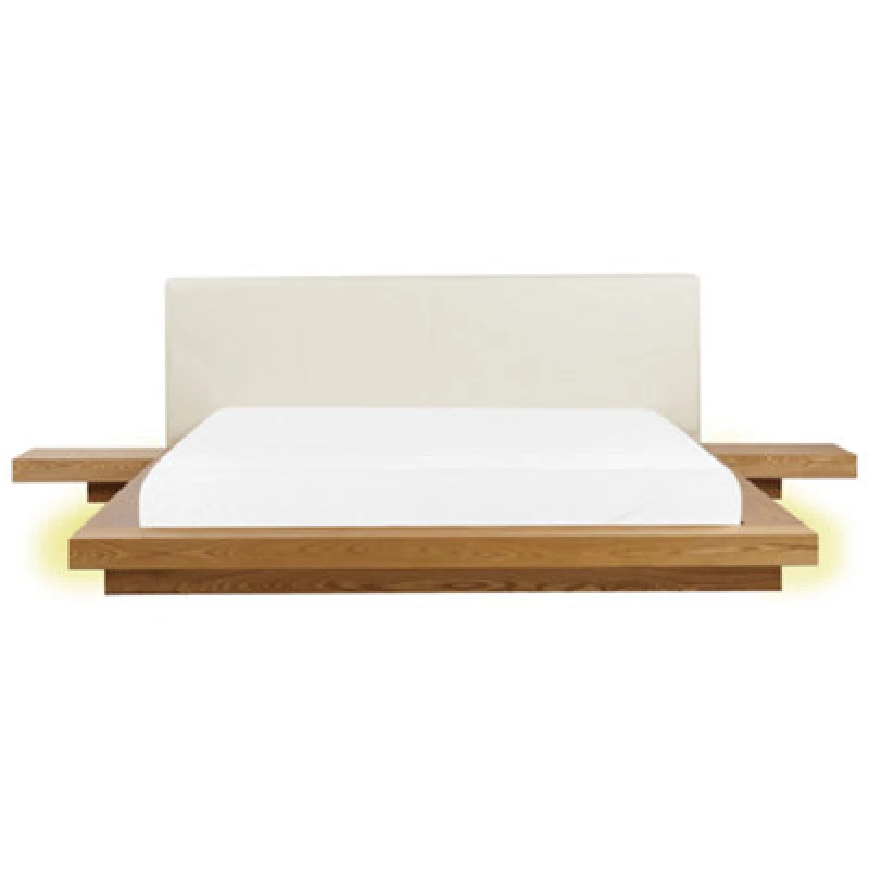 Image of Beliani Bed With LED Faux Leather Zen 180 X 200 Cm (Eu Super King) Natural Ash Wood
