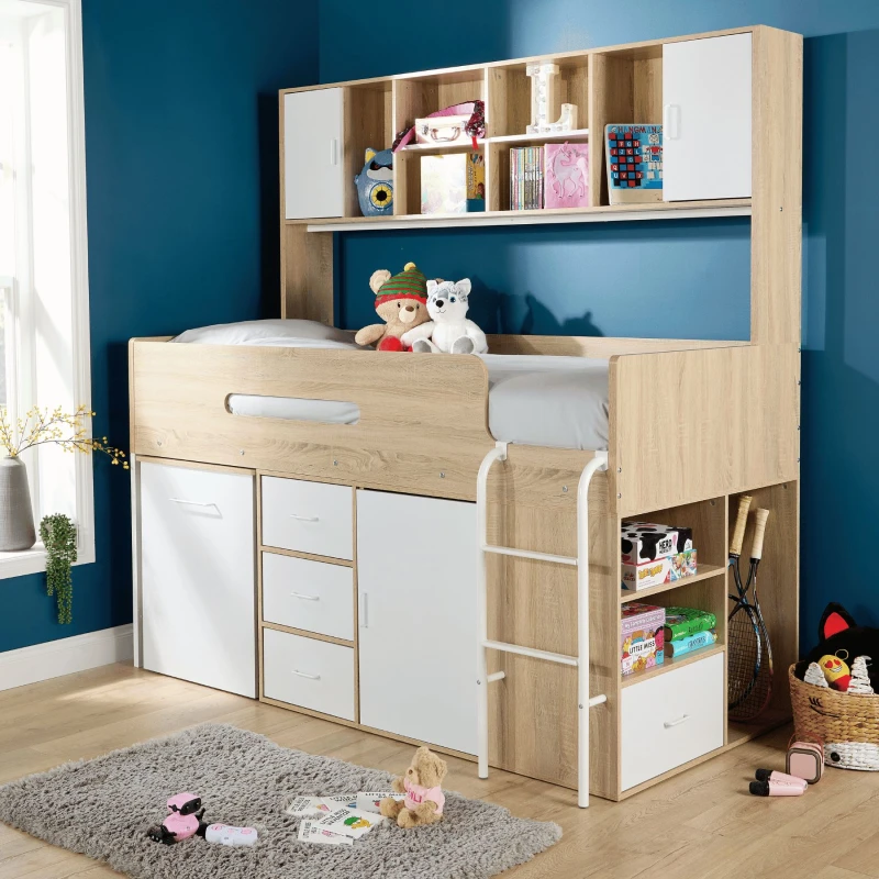 Image of Home Source Cabin Loft Single Bed Overhead Integrated Storage Shelves Hidden Desk in White White Unisex Single