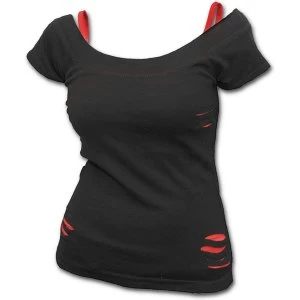 Image of Urban Fashion 2In1 Red Ripped Womens Small Short Sleeve Top - Black