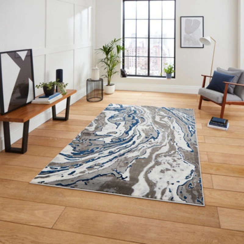 Image of Grey Navy Abstract Modern Easy To Clean Rug For Dining Room-120Cm X 170Cm