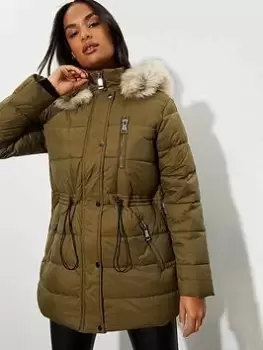 image of Dorothy Perkins Premium Gloss Puffer Coat with Faux Fur Hood - Khaki, Size S, Women