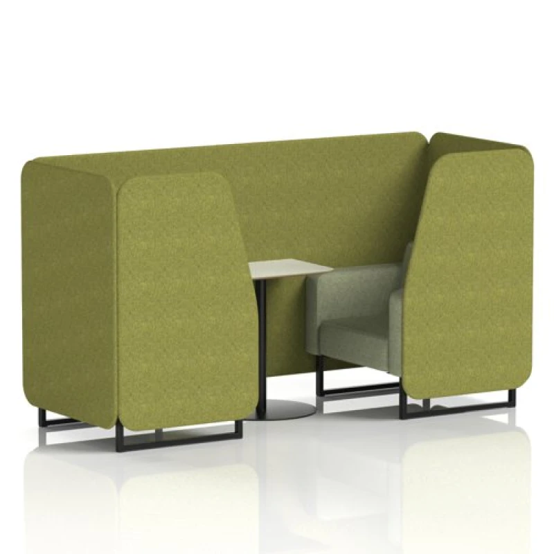Image of Brixworth 2 Seater Office Booth with Front Panel - Black Legs and White Table with Black Leg in Rivet Fabric - Olive Panels and Burnish Sofa