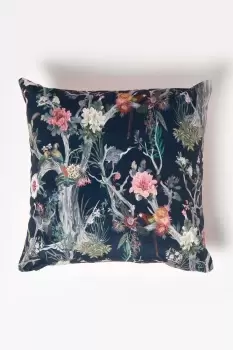 Image of Floral Peacock Black & Teal Filled Velvet Cushion 46 x 46 cm