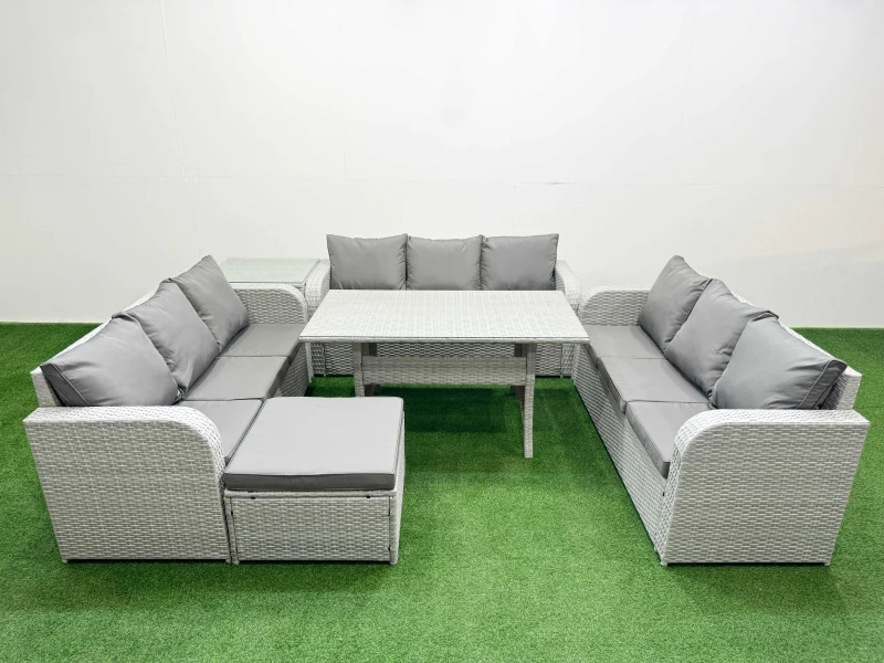 Image of Fimous PE Rattan Lounge Sofa Set 10 Seater Outdoor Garden Furniture Set with Rectangular Dining Table 3 Seater Sofa Big Footstool Side Table Light Gre