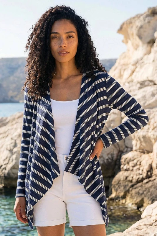 Image of Roman Womens Waterfall Stripe Cardigan in Navy Size: 10 Navy Female 10