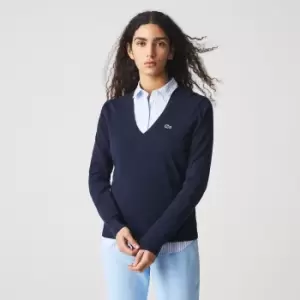 Image of Lacoste Womens V-neck Organic Cotton Sweater Size 8 Navy Blue