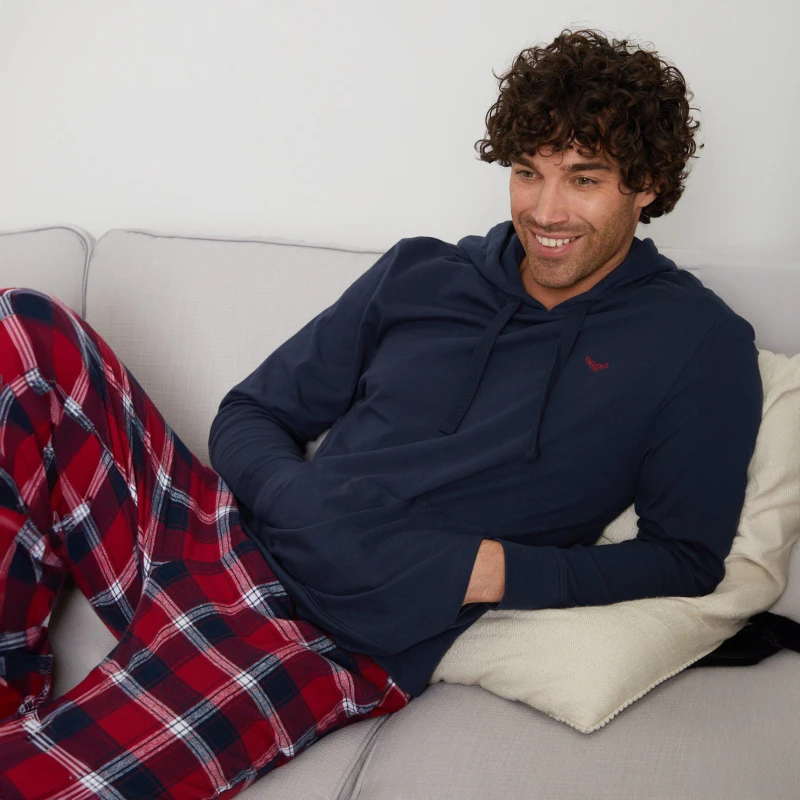 Image of Threadbare 'Hockney' Hoodie and Check Pant Pyjama Set Navy male