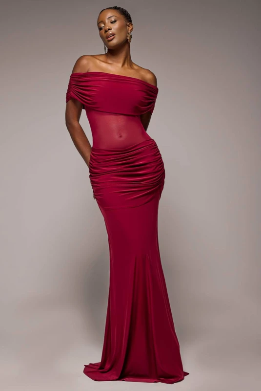 Image of Goddiva Womens Gathered Off-The Shoulder Mesh Waist Panel Maxi Dress in Wine Size: 6 Wine Female 6