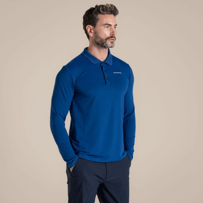 Image of Craghoppers Craghoppers Men NosiLife Bramshaw Insect-Repellent Long Sleeved Golf Polo Shirt in Blue Size: Medium Blue M Male 5063260128001