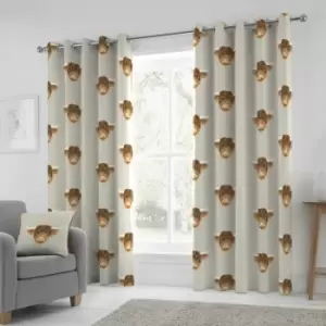 image of Fusion Highland Cow Print 100% Cotton Eyelet Lined Curtains, Natural, 66 x 54 Inch