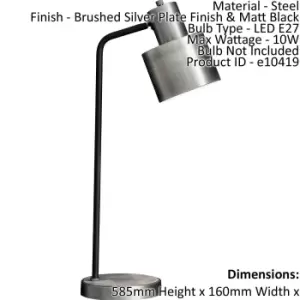 image of Table Lamp Brushed Silver Plate Finish & Matt Black 10W E27 Bedside Light