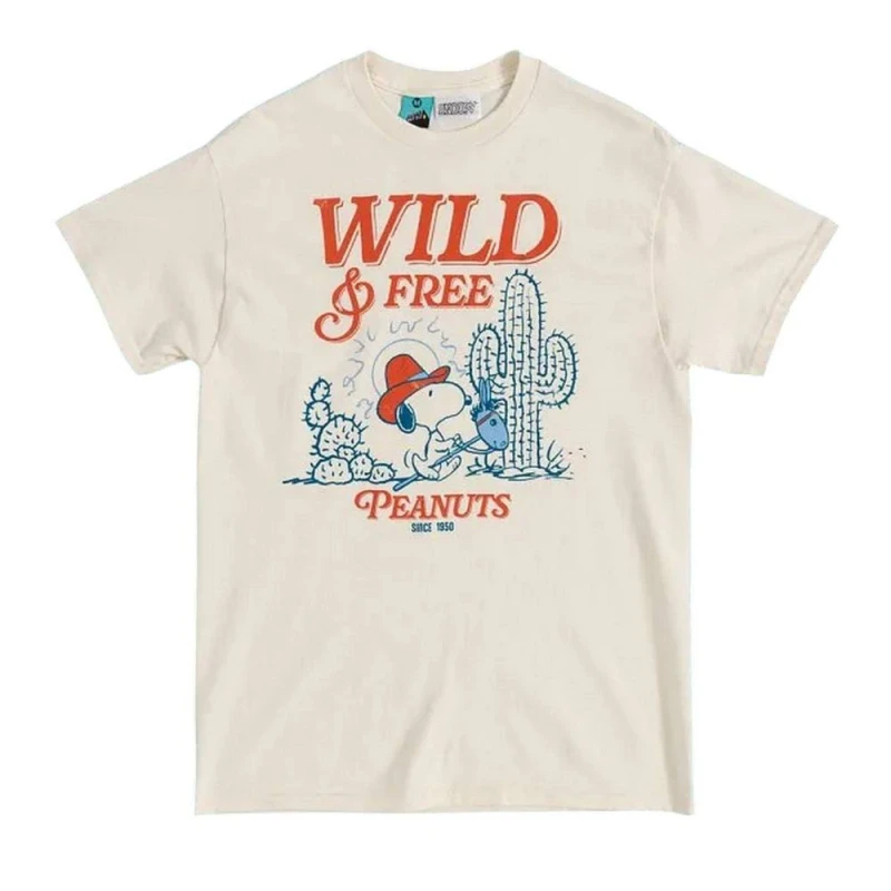Image of Peanuts Mens Wild & Free Snoopy T-Shirt in Off-White Size: Small Off-White Male S