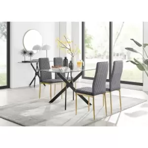 Image of Furniturebox UK - Furniturebox Leonardo 4 Black Leg Glass Dining Table and 4 Grey Milan Velvet Dining Chairs With Gold Legs Diamond Stitch Modern