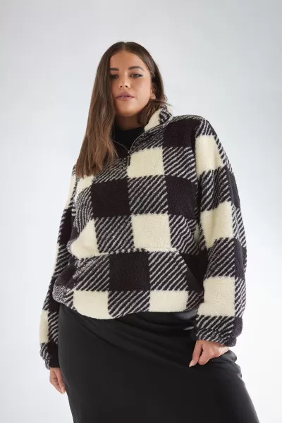 Image of Yours Check Print Half Zip Fleece Sweatshirt Black