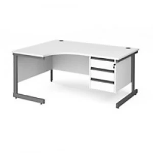 image of Dams International Left Hand Ergonomic Desk with 3 Lockable Drawers Pedestal and White MFC Top with Graphite Frame Cantilever Legs Contract 25 1600 x