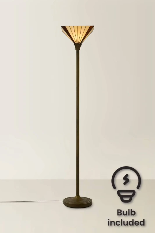 Image of ValueLights ValueLights Tiffany Stained Glass Antique Brass Uplighter Floor Lamp with LED Bulb in Amber Amber One Size Unisex 5059406034299