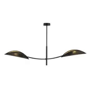 Image of Lotus Black Multi Arm Semi Flush Ceiling light with Black, Gold Fabric Shades, 2x E14