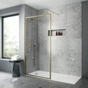 Image of Nuie Full Outer Framed Wetroom Screen 800mm W x 1850mm H with Support Bar 8mm Glass - Brushed Brass
