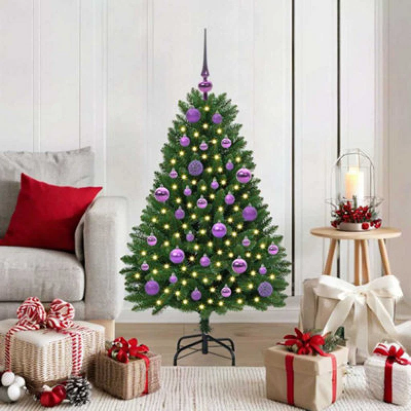 Image of vidaXL Artificial Christmas Tree with Lilac Balls Green 120cm PVC and Metal, Green 3395673