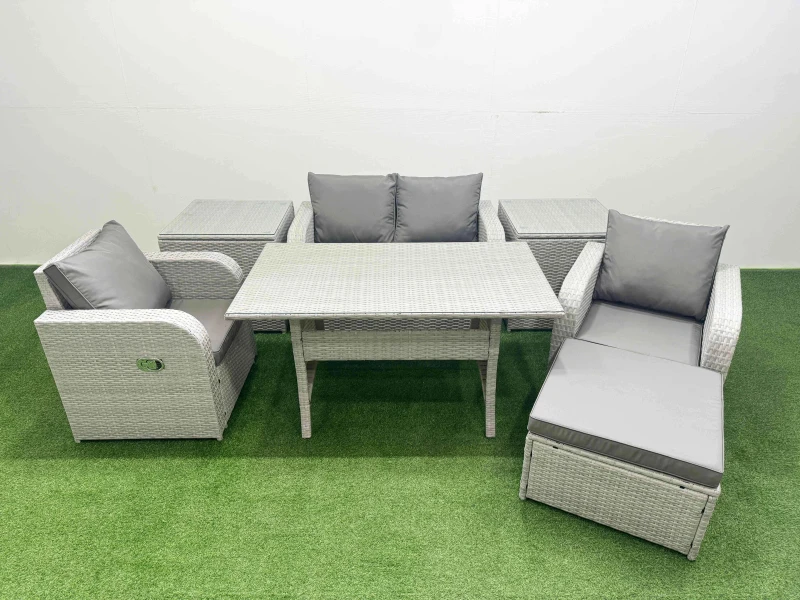 Image of Fimous Light Grey PE Wicker Rattan Garden Furniture Set Sofa Set Reclining Chair Rectangular Dining Table 5 Seater With Footstool 2 Side Table Light G
