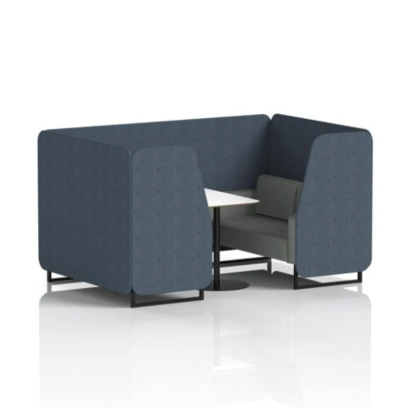 Image of Brixworth 4 Seater Office Booth with Front Panel - Black Legs and White Table with Black Leg in Rivet Fabric - Crucible Panels and Prime Sofa