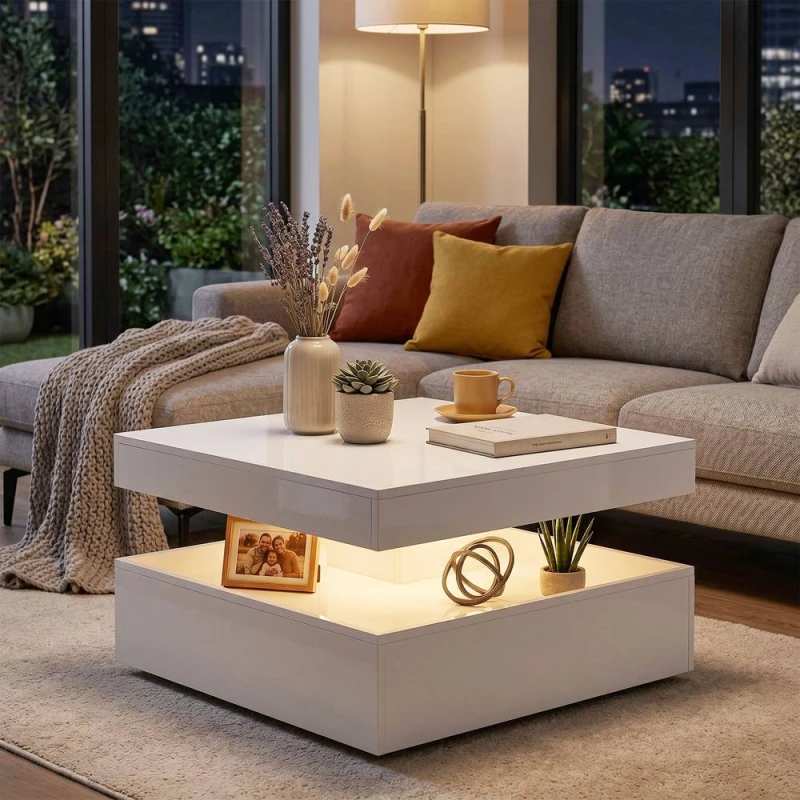 Image of HOMCOM LED Coffee Table with Storage, Modern Centre Table, High Gloss White White Unisex