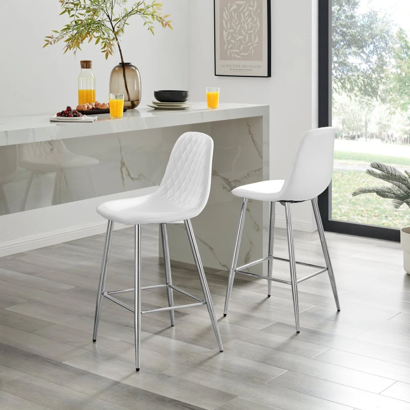 Image of FurnitureboxUK FurnitureboxUK Corona Set of 2 Bar Stools - Faux Leather Bar Chair With Silver Legs - Kitchen Island Stool in White White One Size Unis