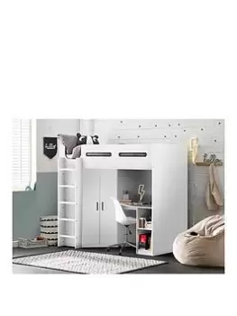 image of Julian Bowen Hercules High Sleeper With Wardrobe, Desk And Shelving - White