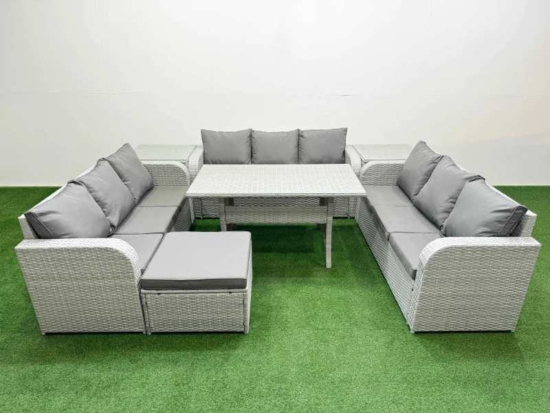 Image of Fimous PE Rattan Lounge Sofa Set 10 Seater Outdoor Garden Furniture Set with Rectangular Dining Table 3 Seater Sofa Big Footstool 2 Side Table Light G