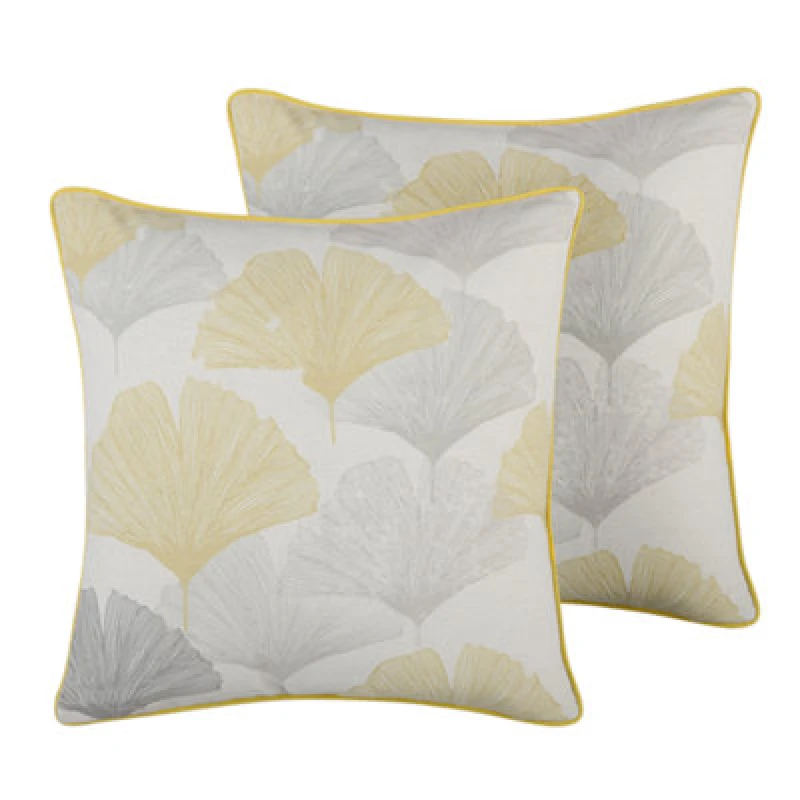 Image of Beliani Set Of 2 Decorative Cushions Candytuft 45 X 45cm Yellow Plant Pattern