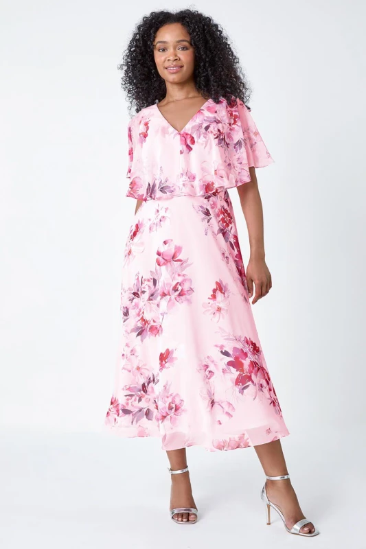Image of Roman Womens Petite Floral Cape Chiffon Midi Dress in Light Pink Size: 12 Light Pink Female 12